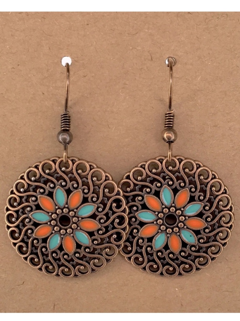 Vintage Floral Bronze Earrings with Turquoise and Orange Accents Fashion Jewelry